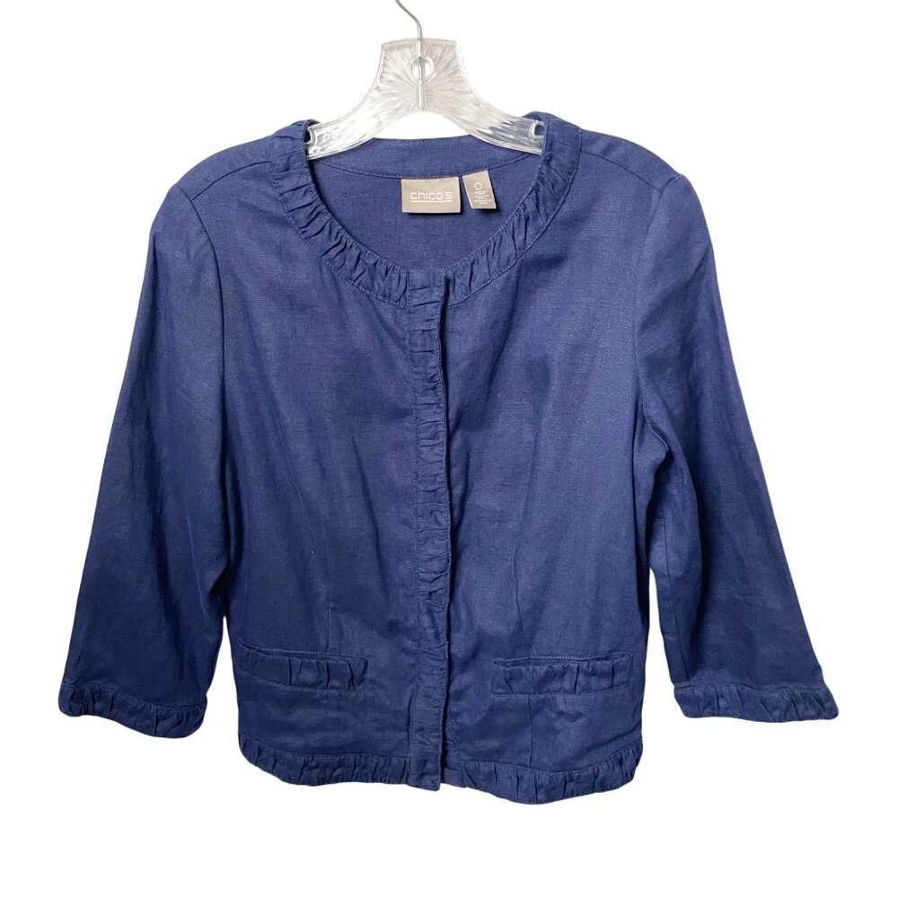 Chico’s Linen Ruffle Jacket Navy Blue Snap Front Cardigan Women’s Size O=Small